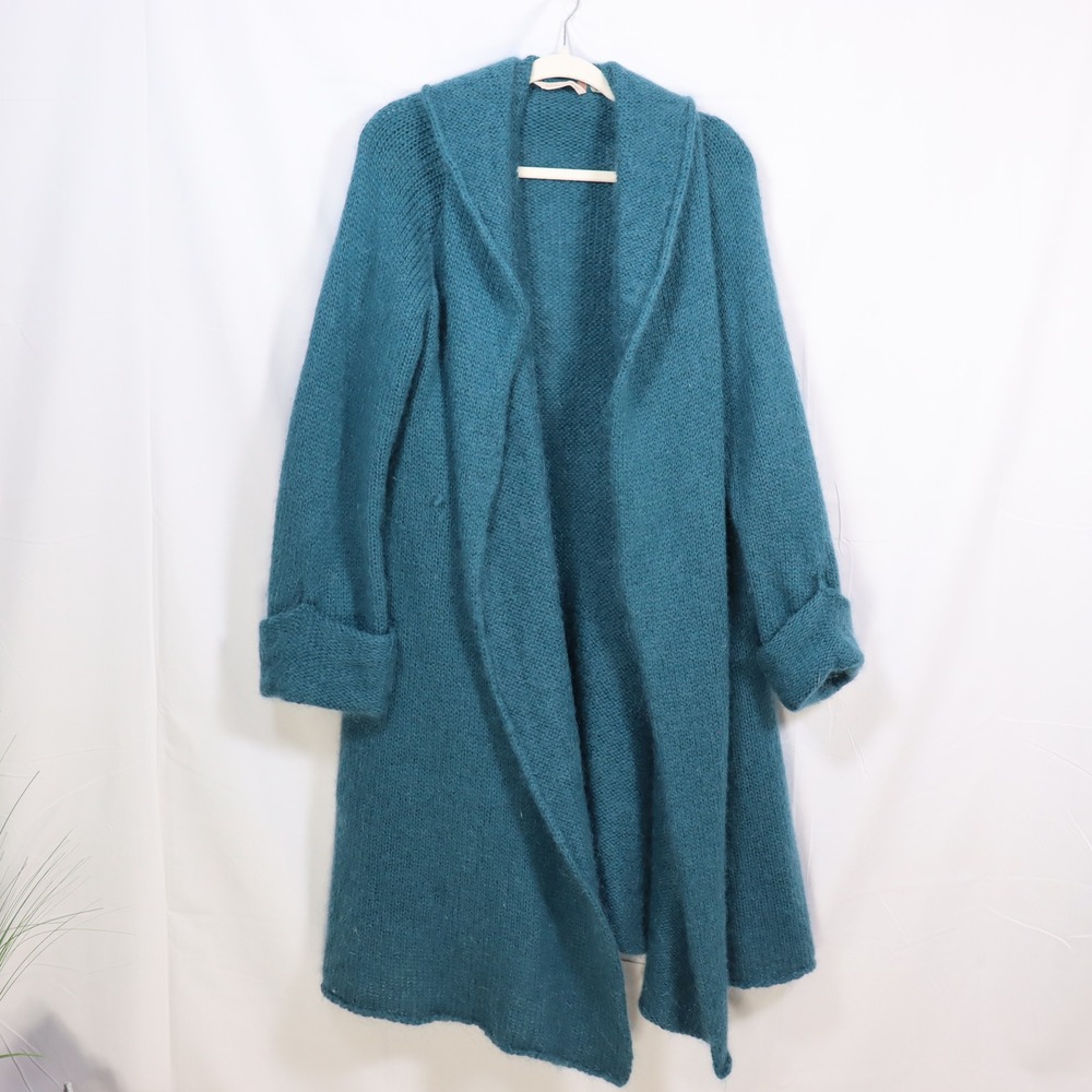 Soft Surroundings Teal Mohair Wool Blend Long Cardigan XL Open Front Duster Coat